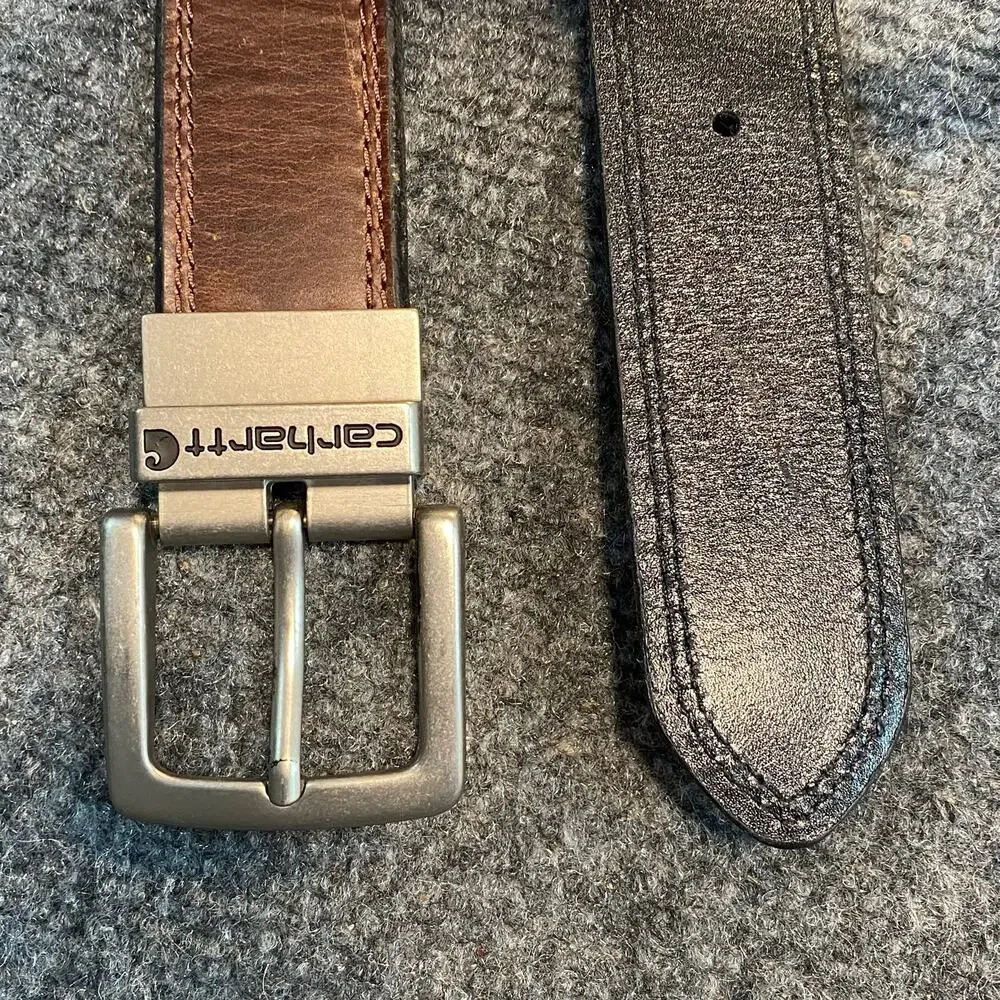 Carhartt Mens XL Reversible Leather Belt Black Brown Full Grain Silver Buckle